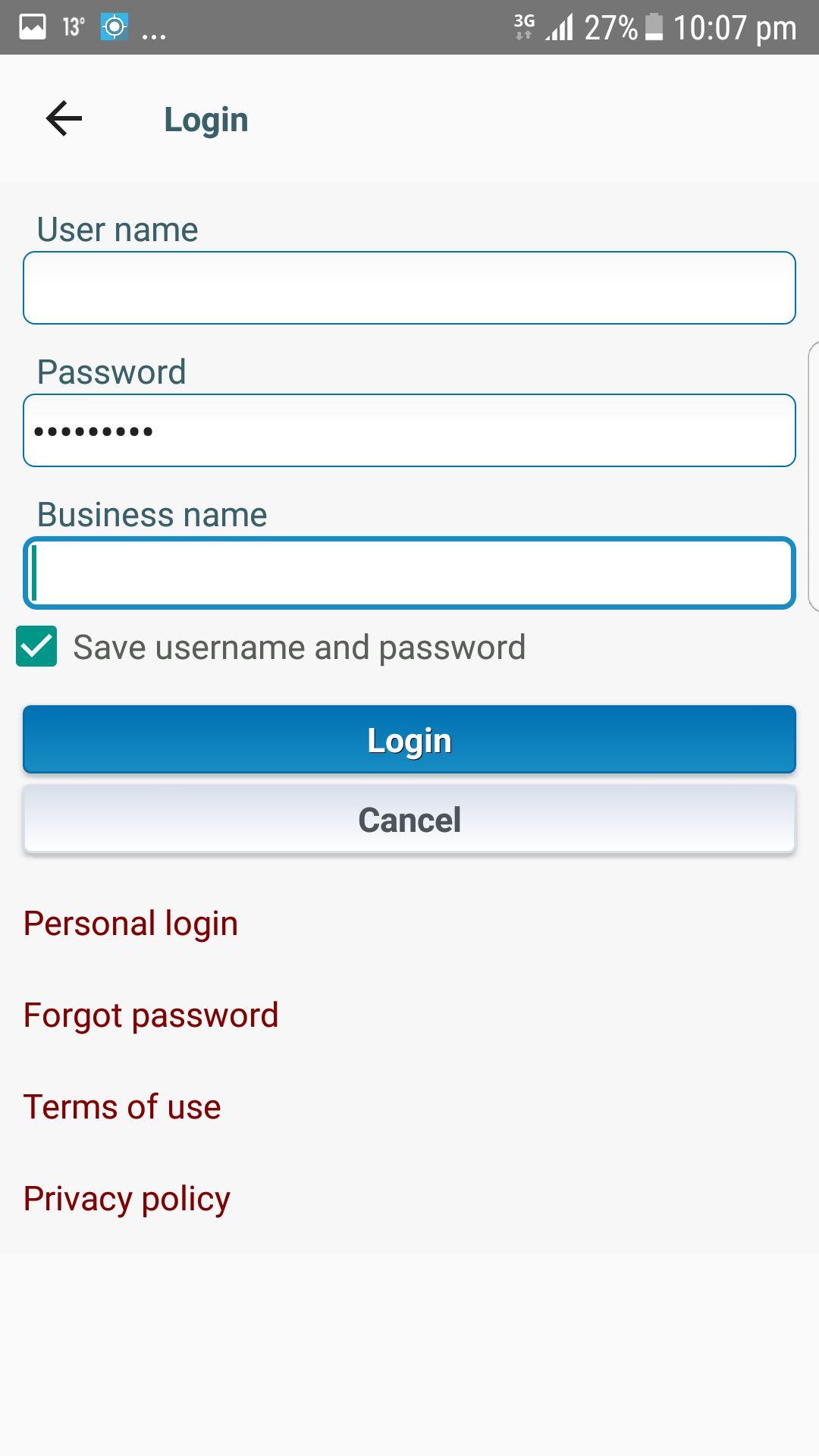 myTrackee Business Login screen